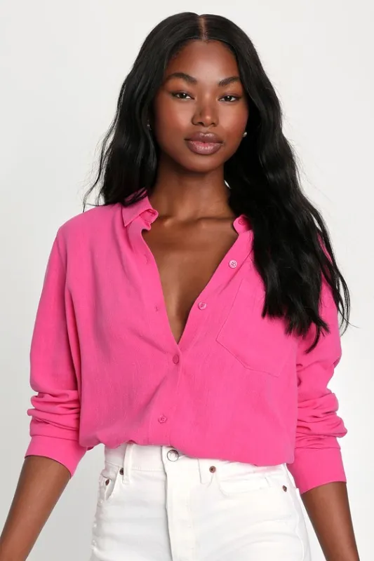 Fave 'Fit Hot Pink Linen Long Sleeve Collared Button-Up Top sold by Lulus
