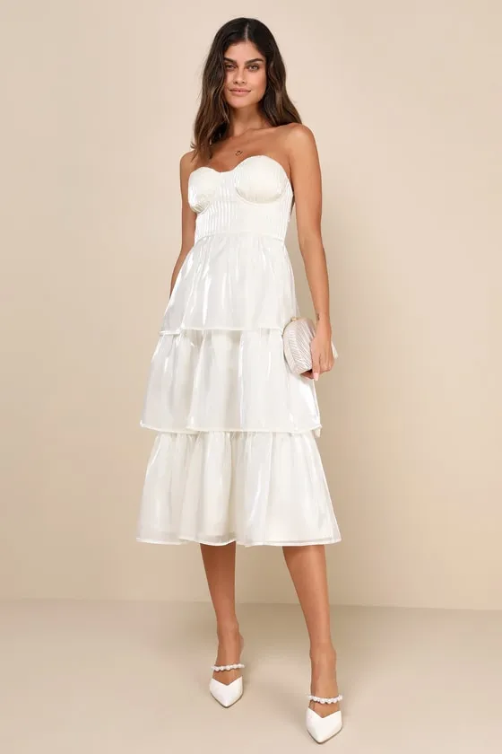 Com-pleat-ly Charming Ivory Organza Tiered Strapless Midi Dress sold by Lulus