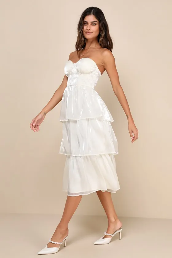 Com-pleat-ly Charming Ivory Organza Tiered Strapless Midi Dress sold by Lulus product image thumbnail 2