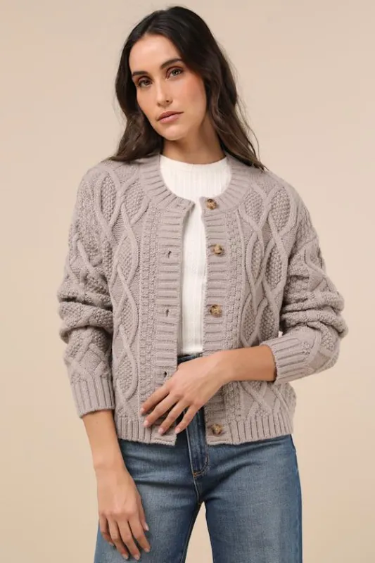 Comfy Discovery Taupe Cable Knit Button-Up Cardigan Sweater sold by Lulus