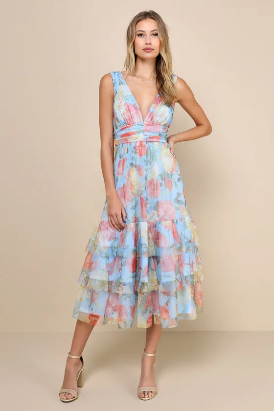 Perfectly Divine Blue Floral Tulle Tiered Ruffled Midi Dress sold by Lulus