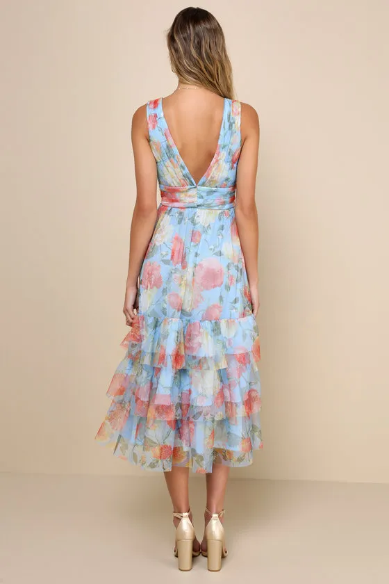 Perfectly Divine Blue Floral Tulle Tiered Ruffled Midi Dress sold by Lulus product image thumbnail 2