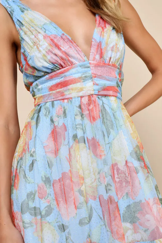 Perfectly Divine Blue Floral Tulle Tiered Ruffled Midi Dress sold by Lulus product image thumbnail 3