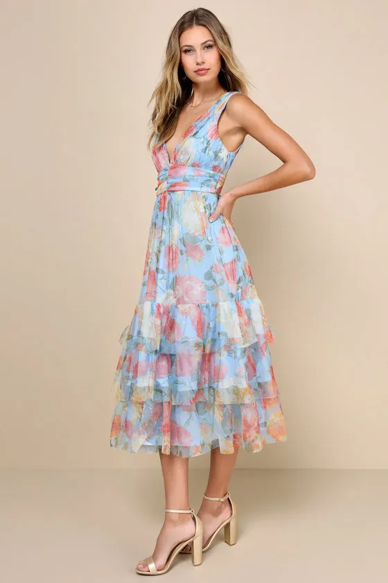 Perfectly Divine Blue Floral Tulle Tiered Ruffled Midi Dress sold by Lulus product image thumbnail 4