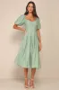 Heavenly Energy Sage Textured Puff Sleeve Pleated Midi Dress sold by Lulus