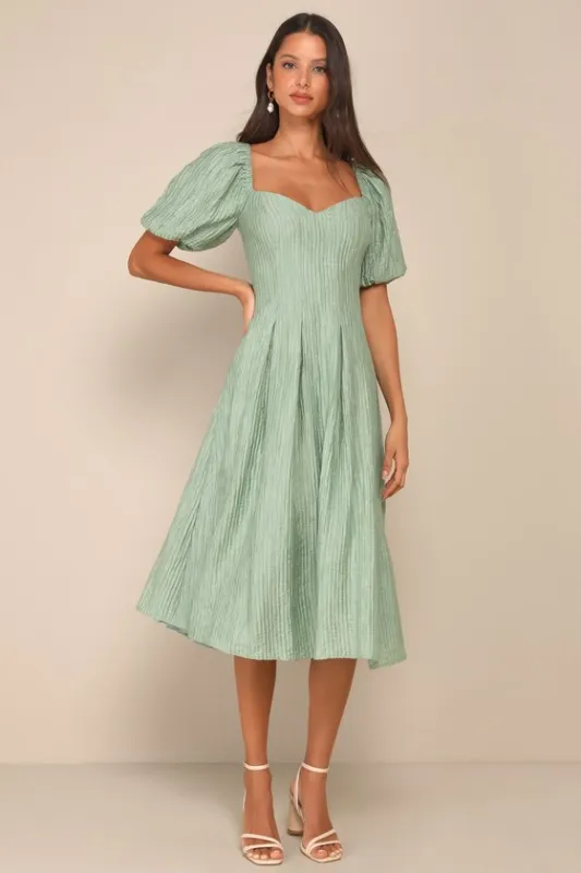 Heavenly Energy Sage Textured Puff Sleeve Pleated Midi Dress sold by Lulus