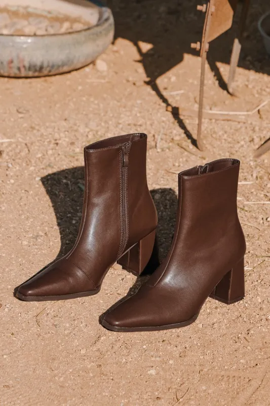 Ariyah Chocolate Brown Low Heel Ankle Booties sold by Lulus