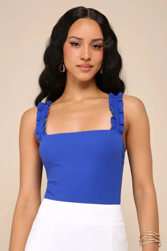 Musing About You Royal Blue Ribbed Ruffle Strap Bodysuit sold by Lulus