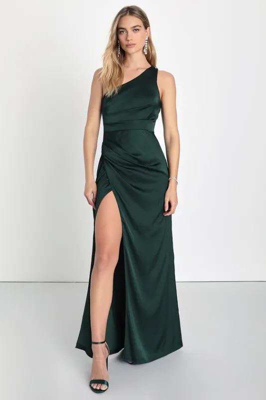Dreaming of Elegance Emerald Satin One-Shoulder Maxi Dress sold by Lulus