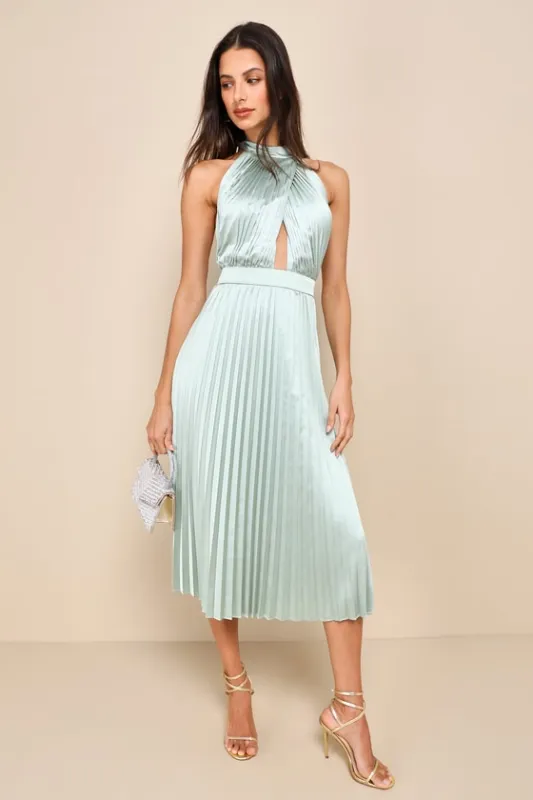 Totally Charming Sage Green Satin Pleated Halter Midi Dress sold by Lulus