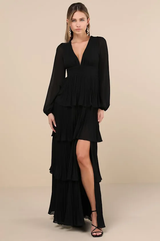 Graceful Finesse Black Pleated Long Sleeve Maxi Dress sold by Lulus