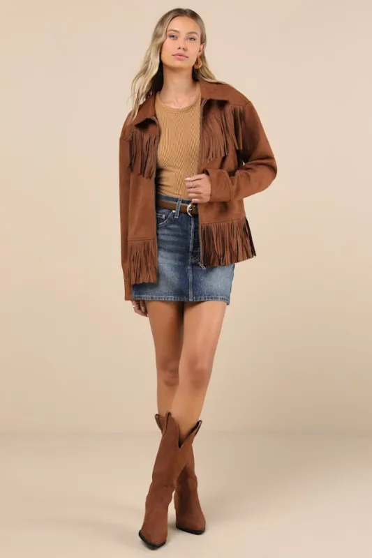 Exceedingly Chic Brown Faux Suede Fringe Jacket sold by Lulus