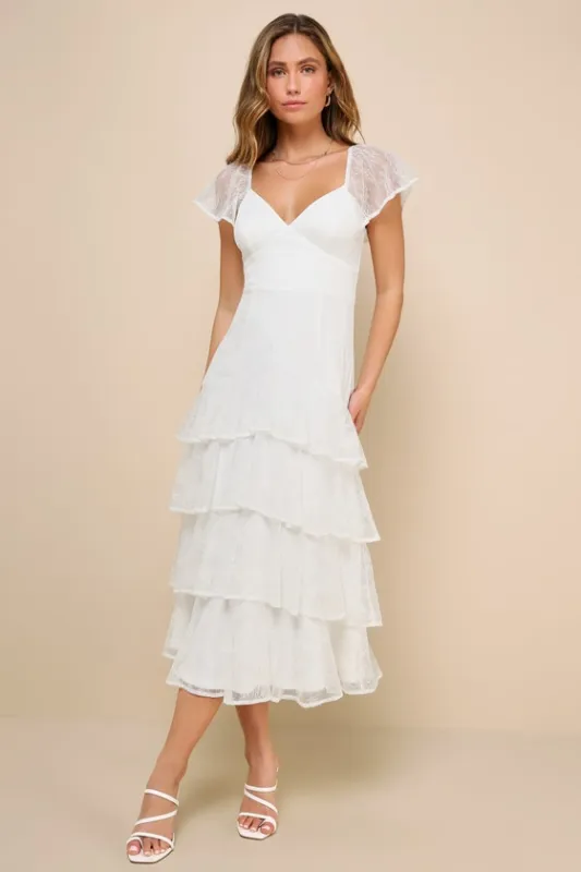 Graceful Darling White Lace Flutter Sleeve Tiered Midi Dress sold by Lulus