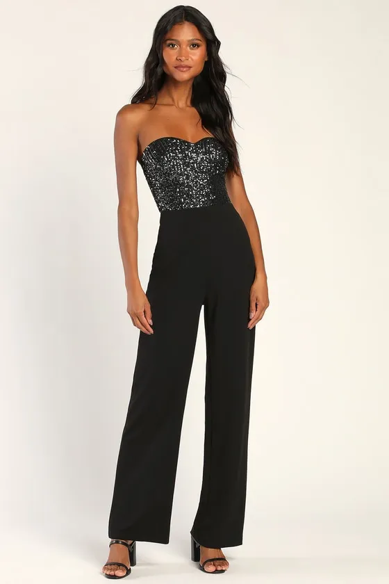 Total Hottie Black Sequin Strapless Jumpsuit sold by Lulus