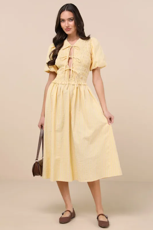 Sara Yellow Striped Smocked Puff Sleeve Midi Dress sold by Lulus