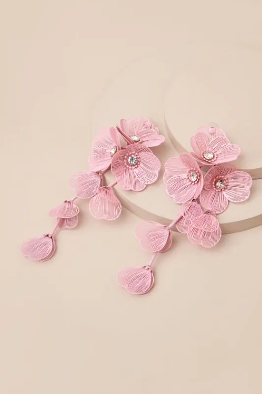 Cerealia Pink Flower Rhinestone Drop Earrings sold by Lulus
