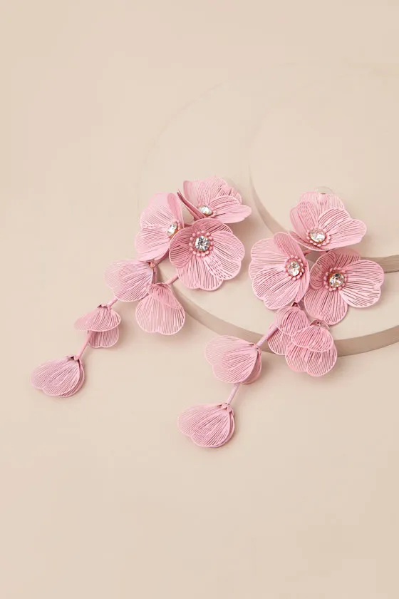 Cerealia Pink Flower Rhinestone Drop Earrings sold by Lulus