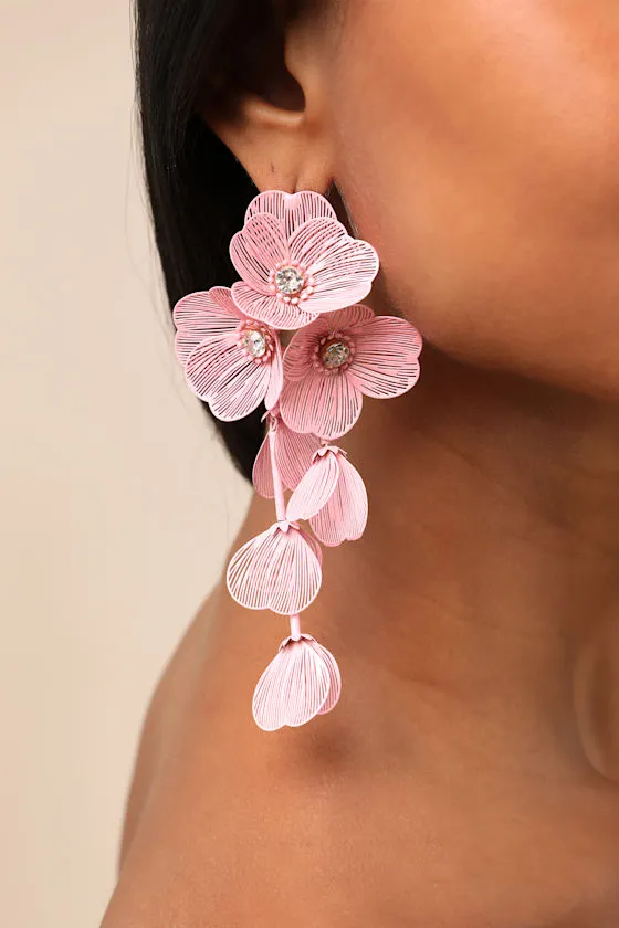 Cerealia Pink Flower Rhinestone Drop Earrings sold by Lulus product image thumbnail 3