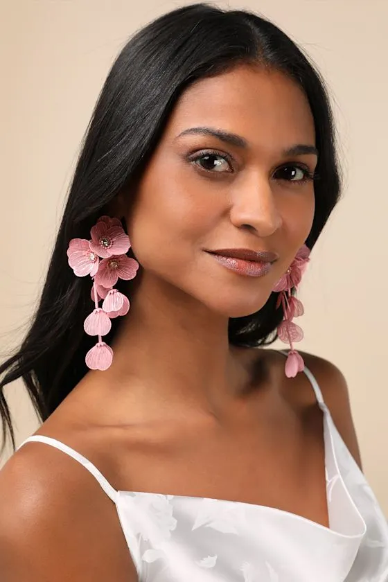 Cerealia Pink Flower Rhinestone Drop Earrings sold by Lulus product image thumbnail 4