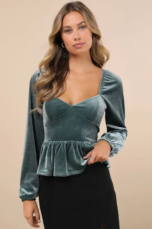 Marvelously Sweet Sage Blue Velvet Long Sleeve Peplum Top sold by Lulus