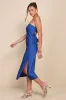 Effortless Bliss Royal Blue Satin Strapless Cowl Back Midi Dress sold by Lulus