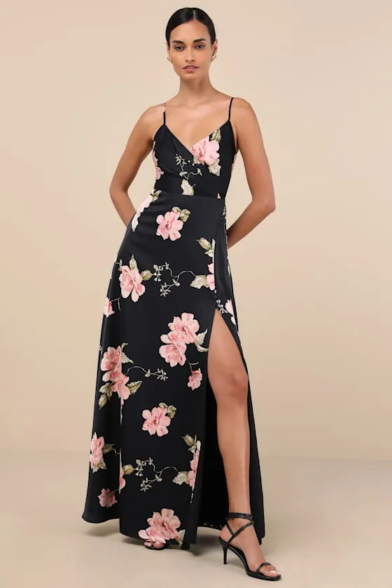 Radiant Occasion Black Floral Satin A-Line Maxi Dress sold by Lulus