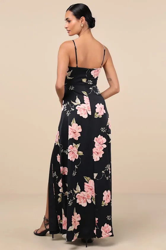 Radiant Occasion Black Floral Satin A-Line Maxi Dress sold by Lulus product image thumbnail 2