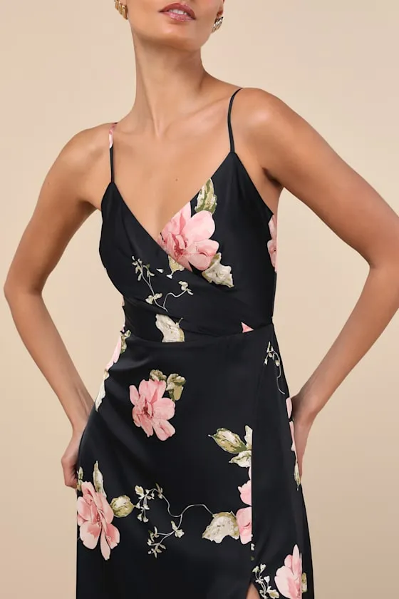 Radiant Occasion Black Floral Satin A-Line Maxi Dress sold by Lulus product image thumbnail 3