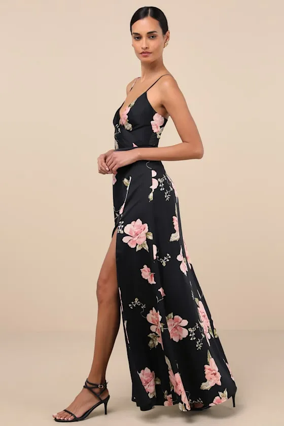 Radiant Occasion Black Floral Satin A-Line Maxi Dress sold by Lulus product image thumbnail 4