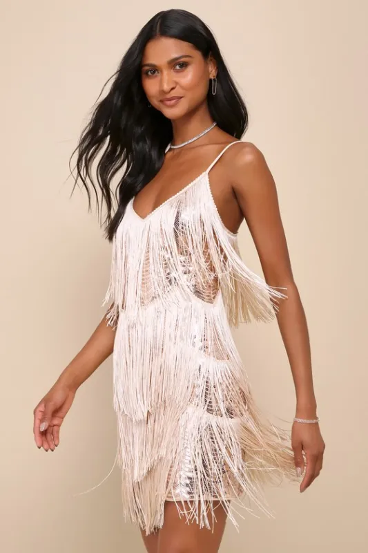 Get in the Groove Champagne Sequin Fringe Bodycon Dress sold by Lulus