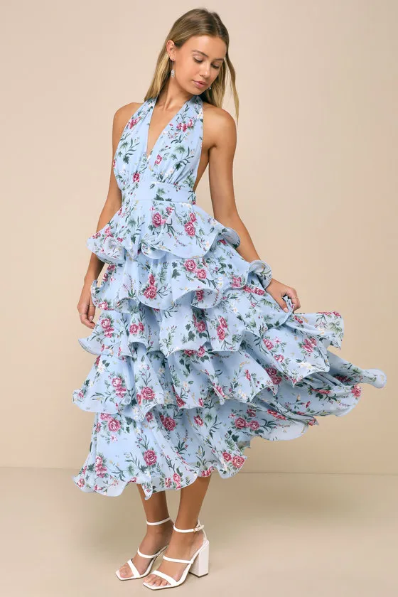 Exceedingly Gorgeous Light Blue Floral Tiered Halter Midi Dress sold by Lulus
