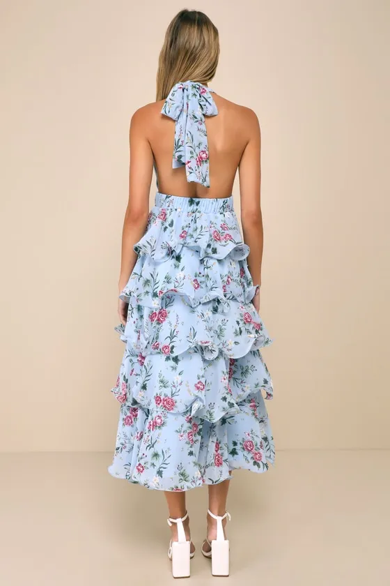 Exceedingly Gorgeous Light Blue Floral Tiered Halter Midi Dress sold by Lulus product image thumbnail 2