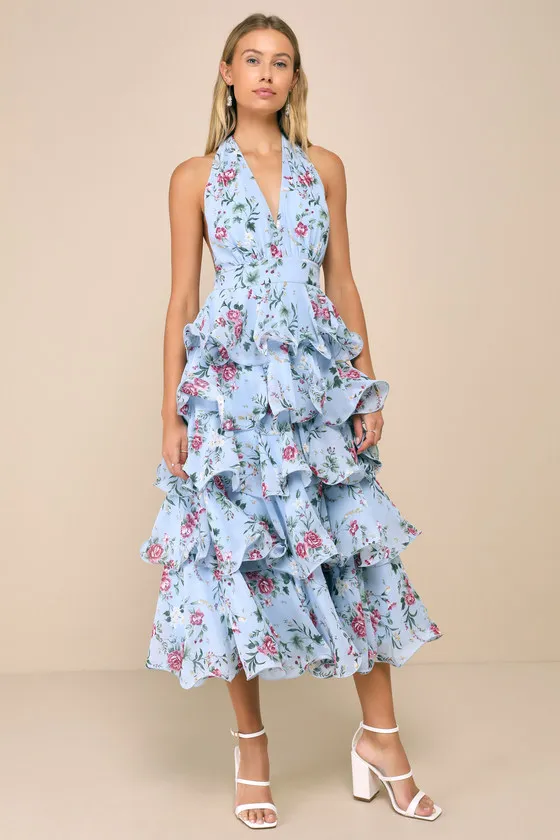 Exceedingly Gorgeous Light Blue Floral Tiered Halter Midi Dress sold by Lulus product image thumbnail 4
