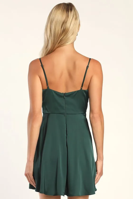 Fanciful Flirt Emerald Green Satin Cowl Neck Skater Mini Dress sold by Lulus product image thumbnail 4
