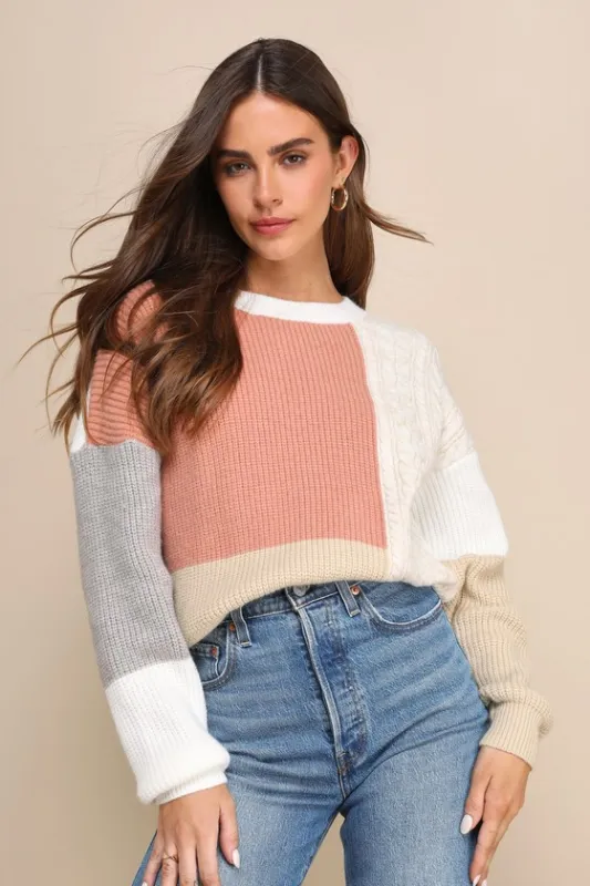 Adorable Expression Ivory Multi Color Block Cable Knit Sweater sold by Lulus