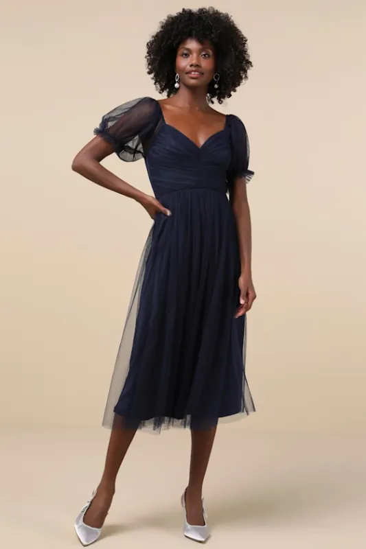 Glorious Chicness Navy Tulle Pleated Puff Sleeve Midi Dress sold by Lulus
