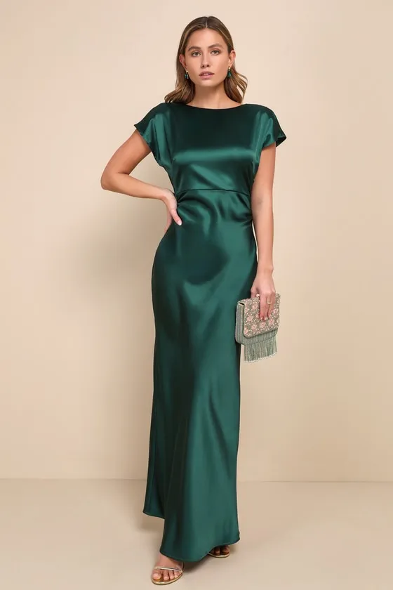 Captivating Presence Forest Green Satin Cowl Back Maxi Dress sold by Lulus