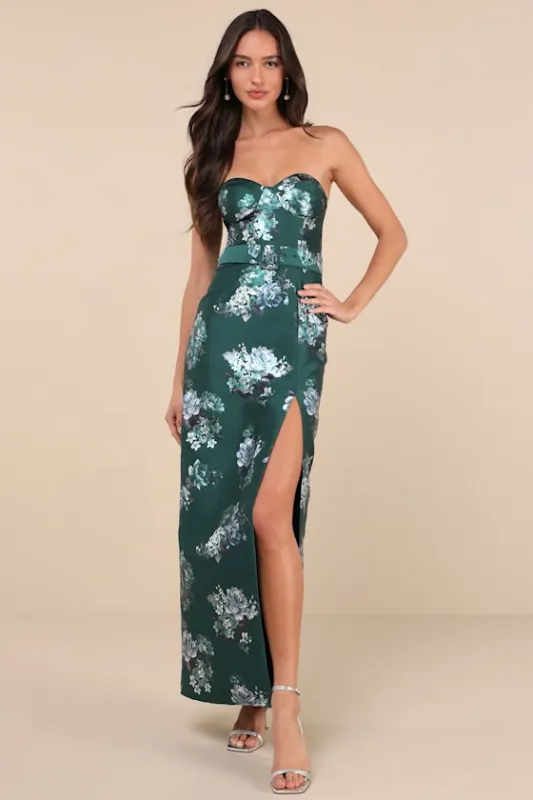 Luxe Sweetie Emerald Floral Taffeta Belted Strapless Maxi Dress sold by Lulus