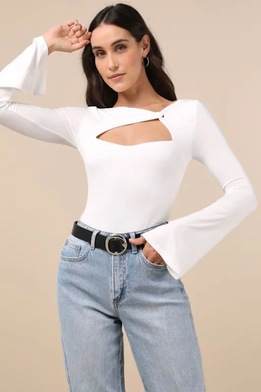 Perfectly Impressive White Twist-Front Long Sleeve Bodysuit sold by Lulus