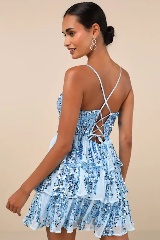 Spectacular Party Light Blue Sequin Tiered Lace-Up Mini Dress sold by Lulus