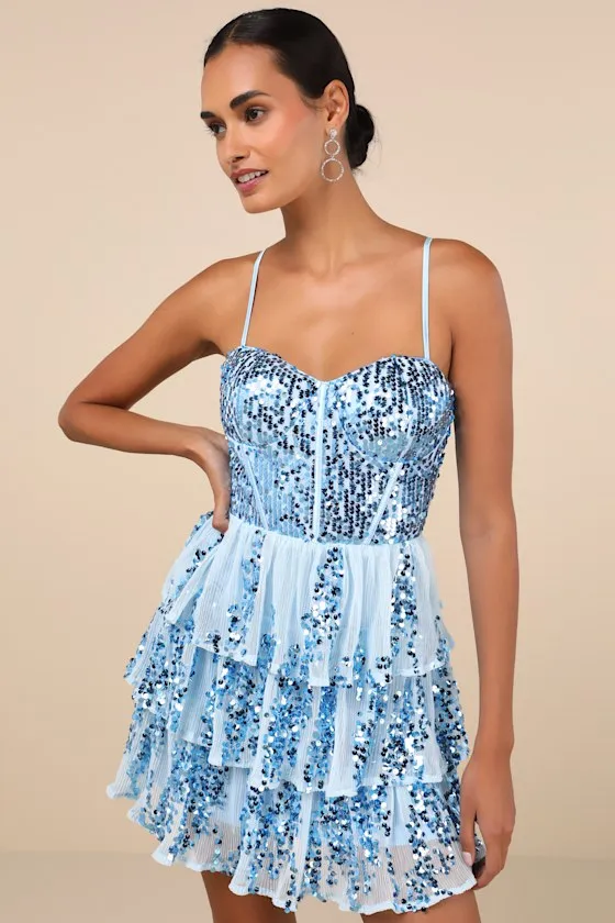 Spectacular Party Light Blue Sequin Tiered Lace-Up Mini Dress sold by Lulus product image thumbnail 2