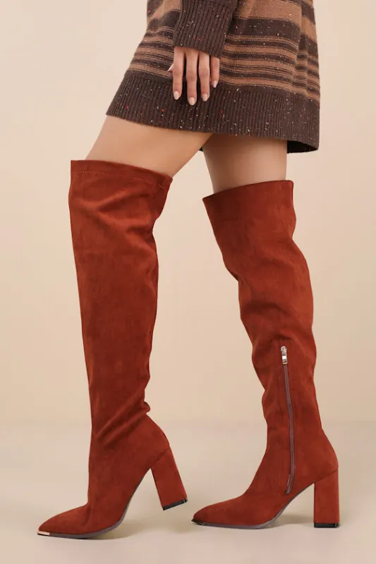 Bellwood Cognac Suede Pointed-Toe Over-the-Knee Boots sold by Lulus