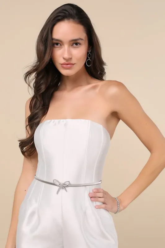 Exquisite Addition Silver Rhinestone Bow Chain Belt sold by Lulus