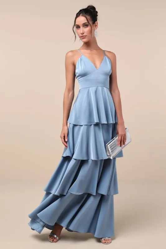 Going with Elegance Slate Blue Satin Tiered Gown sold by Lulus