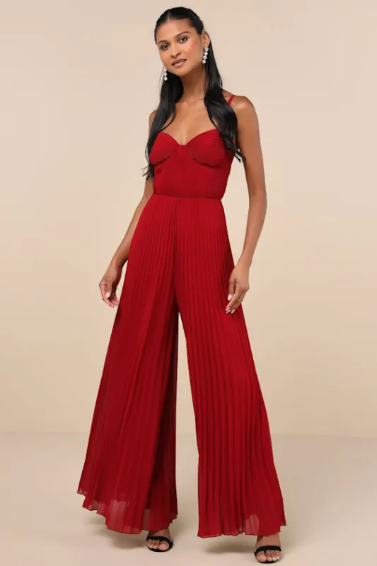 Exemplary Poise Red Pleated Wide-Leg Jumpsuit sold by Lulus