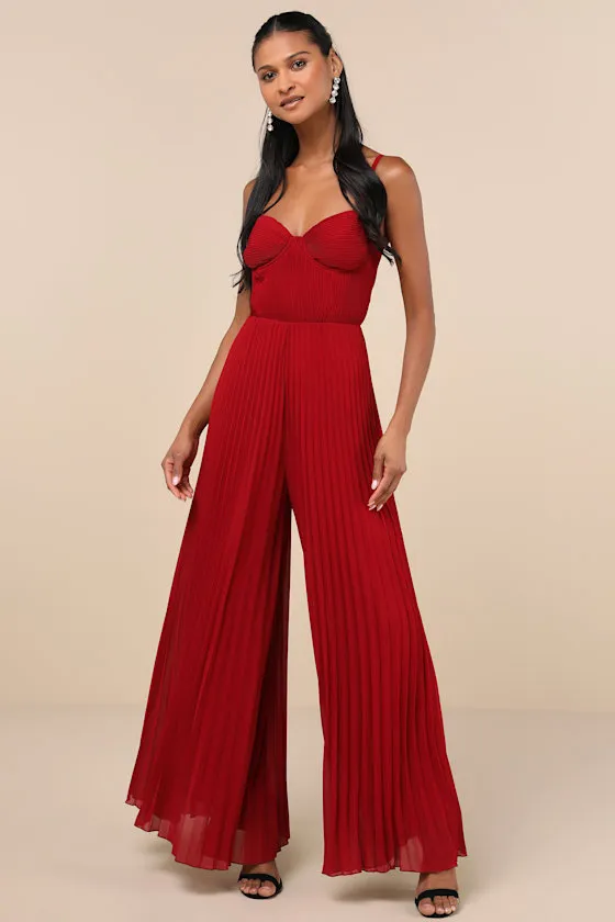 Exemplary Poise Red Pleated Wide-Leg Jumpsuit sold by Lulus