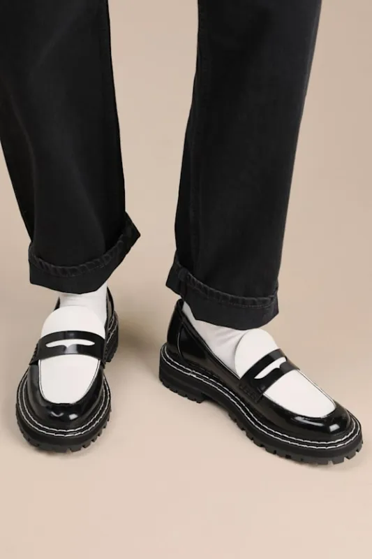 Prescia Black and Bright White Patent Loafers made by Lulus