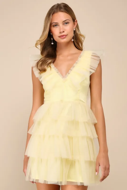 Striking Sensation Yellow Tulle Tiered Ruffled Mini Dress sold by Lulus