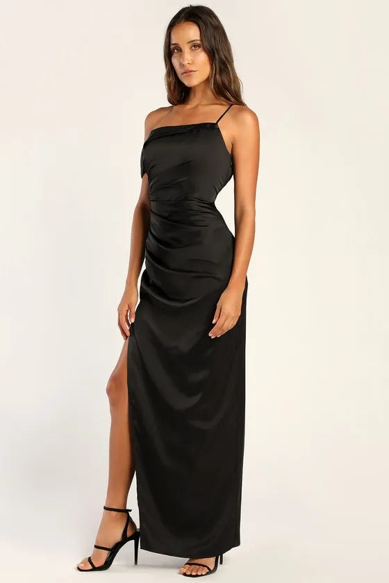 Lush Love Black Satin Asymmetrical Off-the-Shoulder Dress sold by Lulus product image thumbnail 3