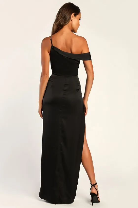 Lush Love Black Satin Asymmetrical Off-the-Shoulder Dress sold by Lulus product image thumbnail 4